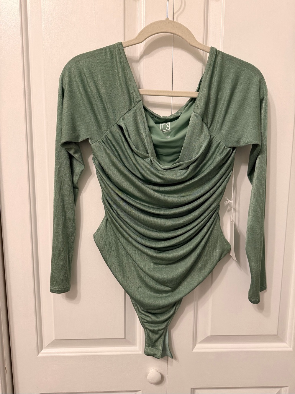 Not Yours to Keep - Draped Long-Sleeve Bodysuit in Sage Green